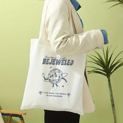 Happy Globe Print Canvas Tote Bag Travel Beach Shoulder Bag