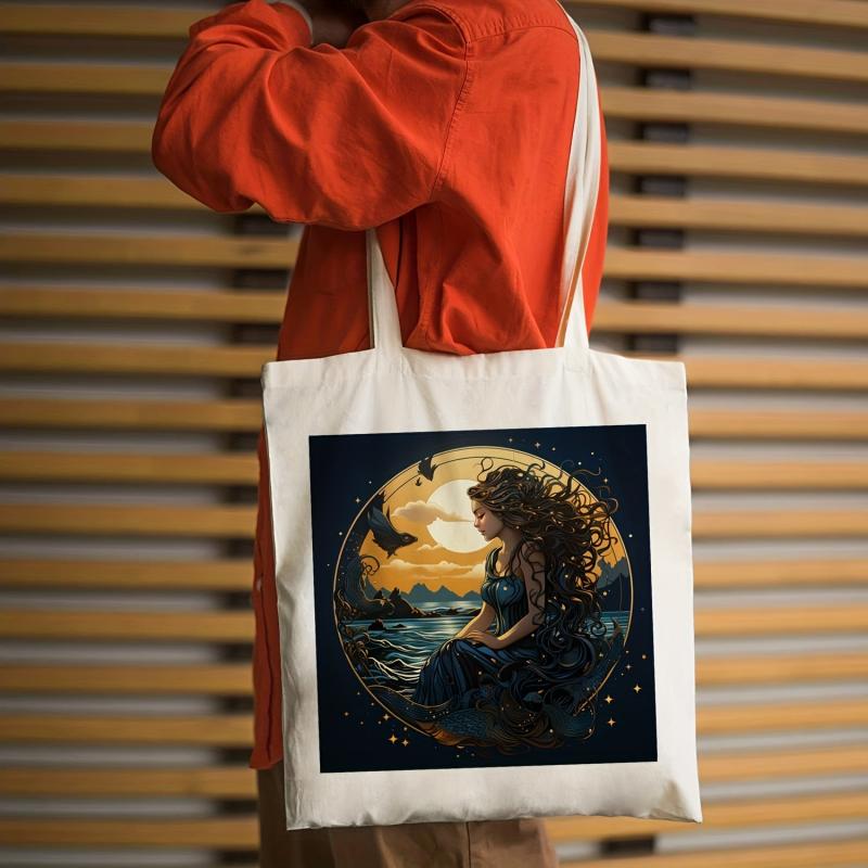 Mermaid Pattern Canvas Handbag Large Capacity Shoulder Bag