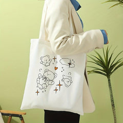 Starry Bear Print Tote Bag Canvas Travel Beach Shoulder Bag Large