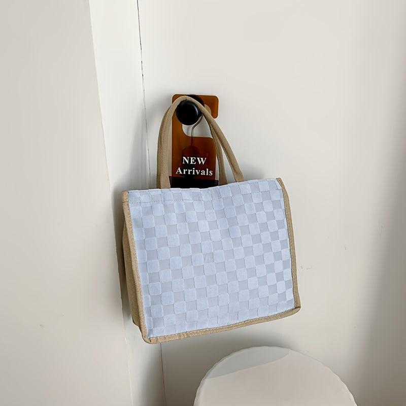 Plaid Pattern Handbag Shoulder Bag with Button Closure for Shopping
