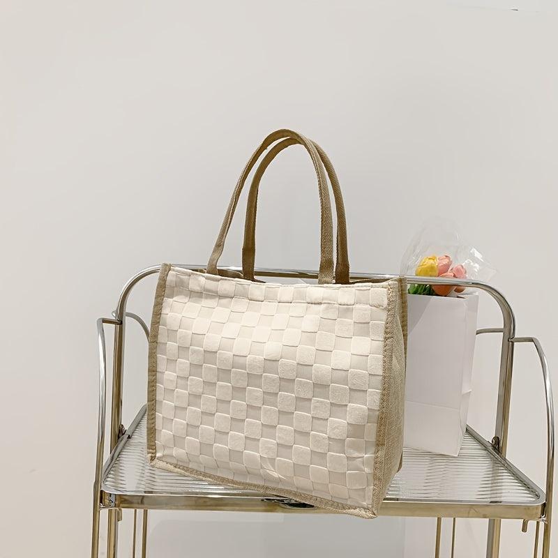 Plaid Pattern Handbag Shoulder Bag with Button Closure for Shopping