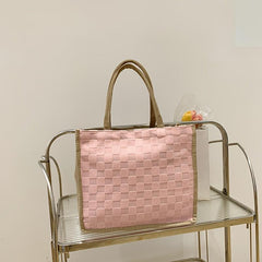 Plaid Pattern Handbag Shoulder Bag with Button Closure for Shopping