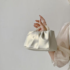 Ruched Satchel Bag Solid Handbag With Bead Decor Top Handle