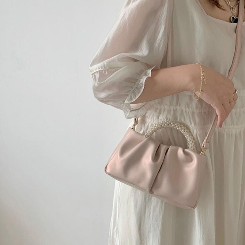 Ruched Satchel Bag Solid Handbag With Bead Decor Top Handle