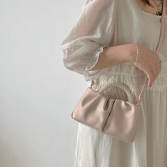 Ruched Satchel Bag Solid Handbag With Bead Decor Top Handle
