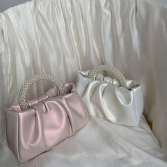 Ruched Satchel Bag Solid Handbag With Bead Decor Top Handle