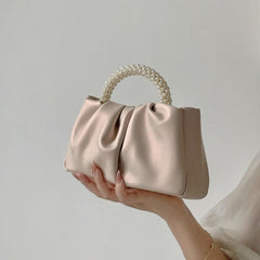 Ruched Satchel Bag Solid Handbag With Bead Decor Top Handle