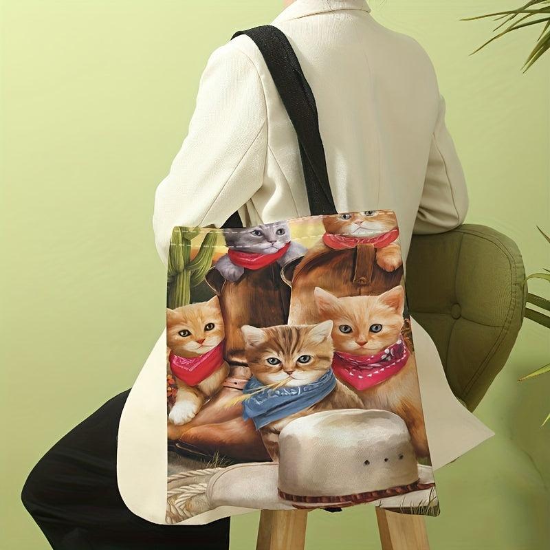 Cowboy Cat Pattern Canvas Tote Bag Shoulder Bag for Travel & Work