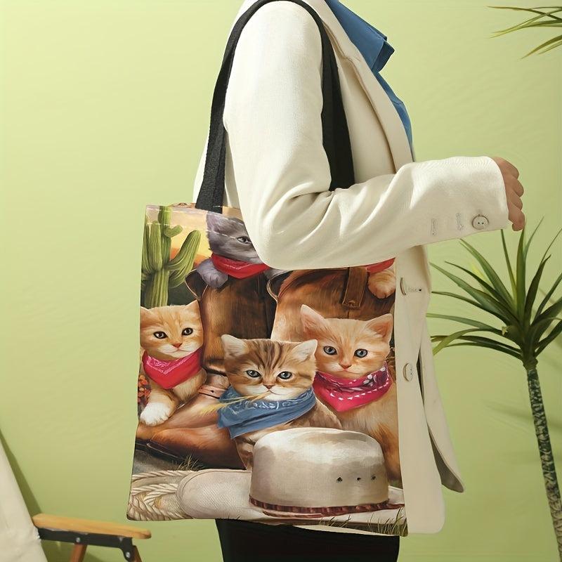 Cowboy Cat Pattern Canvas Tote Bag Shoulder Bag for Travel & Work