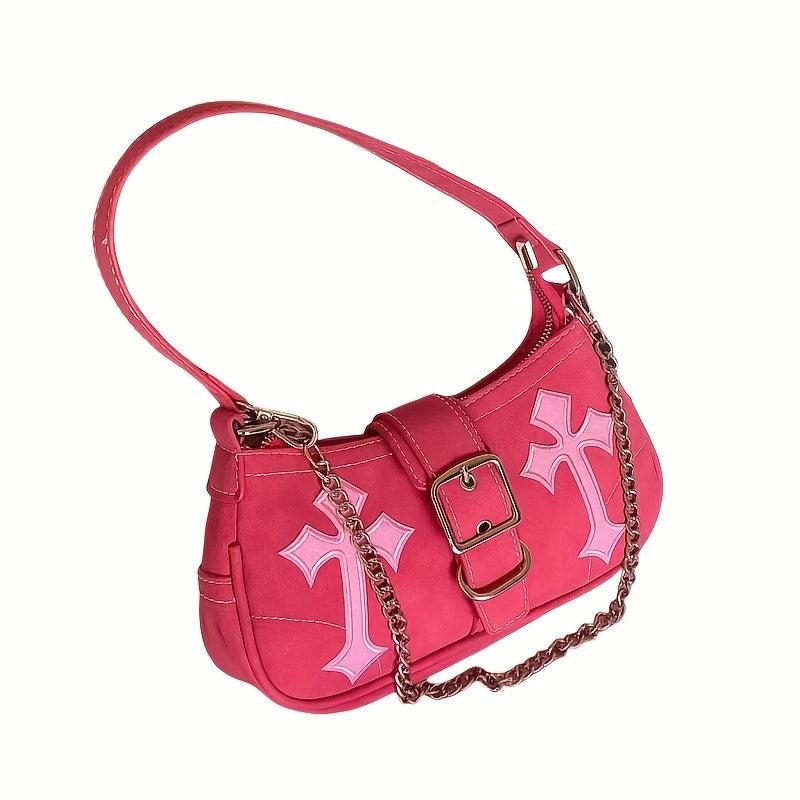 Y2K Metal Chain Underarm Bag PU Leather Baguette Bag