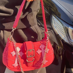 Y2K Metal Chain Underarm Bag PU Leather Baguette Bag