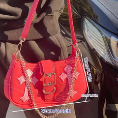 Y2K Metal Chain Underarm Bag PU Leather Baguette Bag