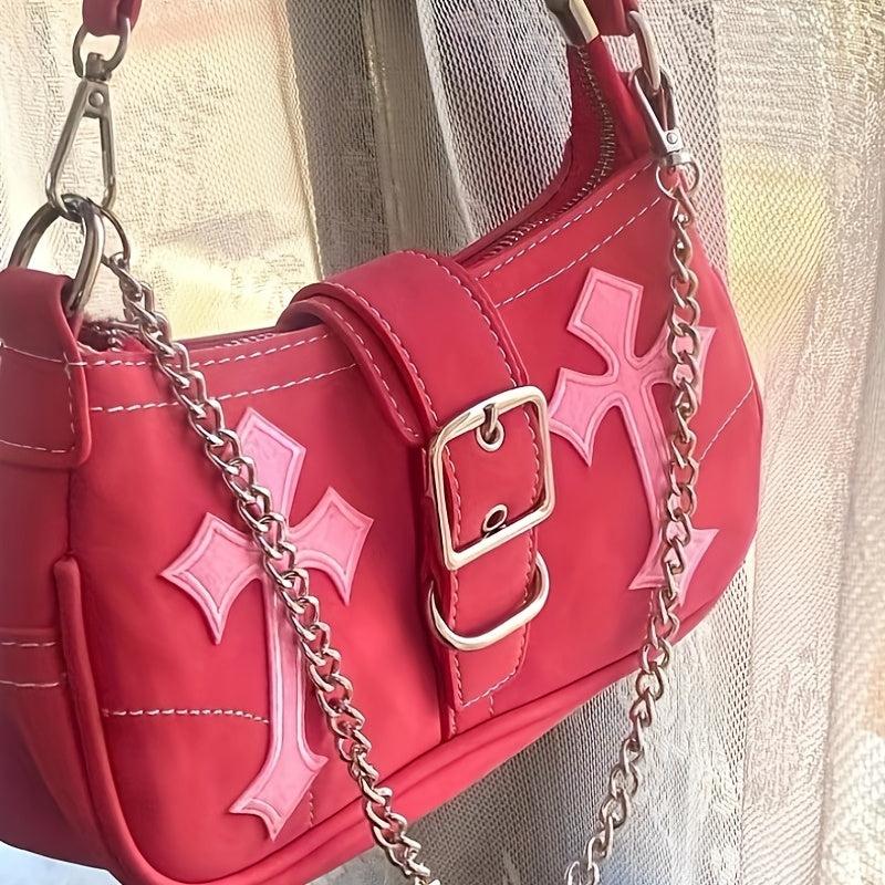 Y2K Metal Chain Underarm Bag PU Leather Baguette Bag