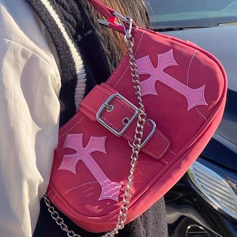 Y2K Metal Chain Underarm Bag PU Leather Baguette Bag