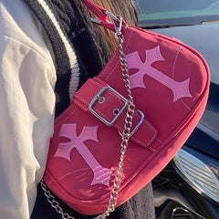 Y2K Metal Chain Underarm Bag PU Leather Baguette Bag