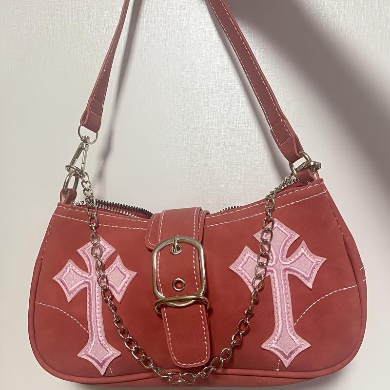 Y2K Metal Chain Underarm Bag PU Leather Baguette Bag