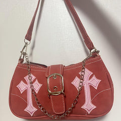 Y2K Metal Chain Underarm Bag PU Leather Baguette Bag