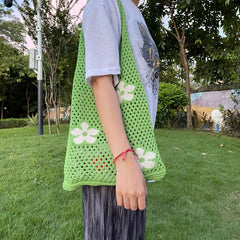 Hollow Shoulder Bag Knitted Tote Mesh Flower Bag