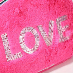Love Pattern Cosmetics Bag with Silvery Sequins Plush Makeup Storage