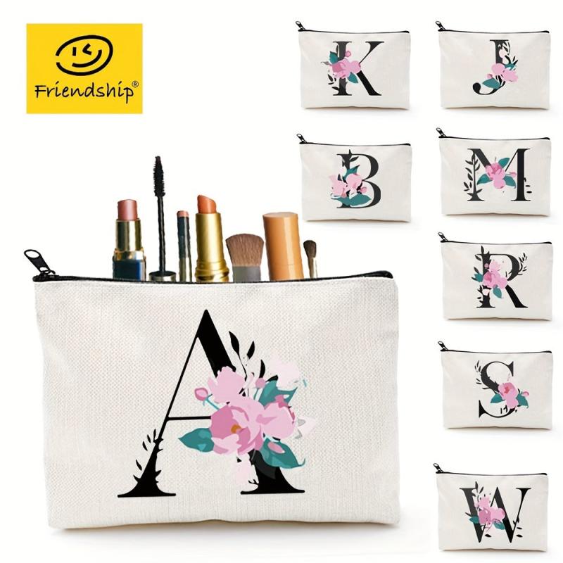 Floral A Letter Makeup Bag Bridesmaid Cosmetic Pouch Personalized Travel Purse