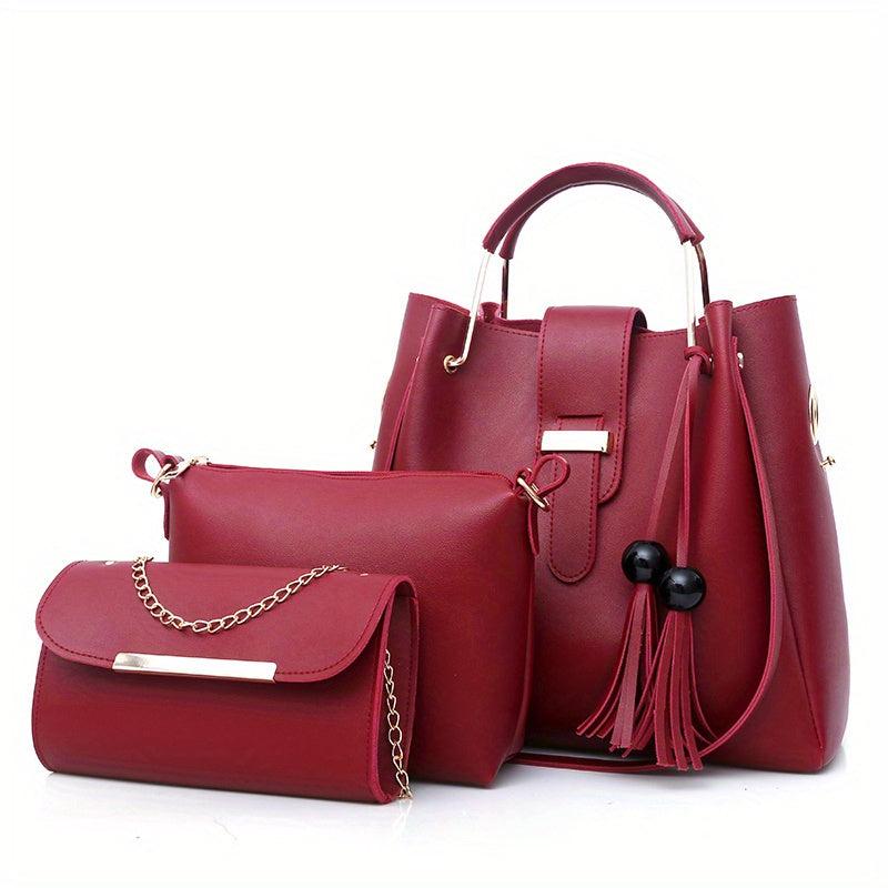 3pcs Tassel Handbag Set Women's Tote Bag Crossbody Bag Clutch Purse