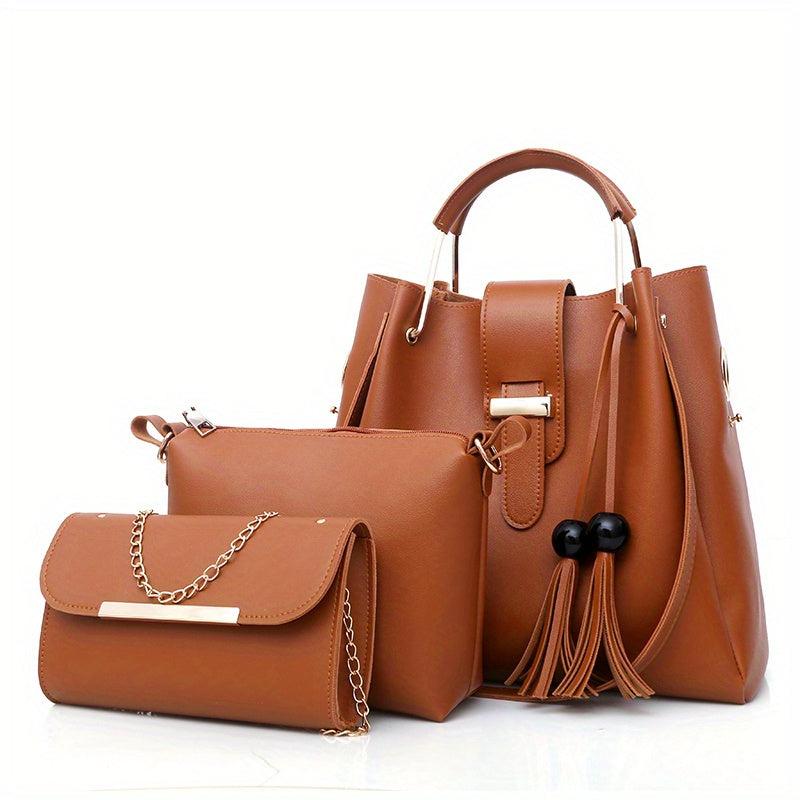 3Pcs Tassel Tote Bag Set With Crossbody Bag & Clutch Purse