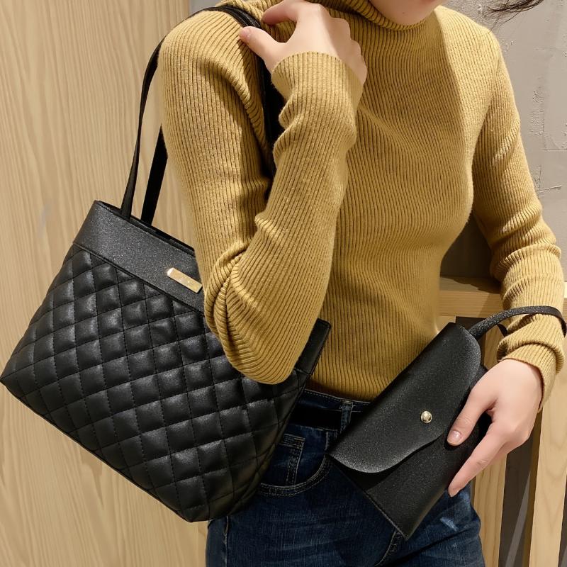 Argyle Quilted Tote & Clutch Purse Set Women's Shoulder Bag