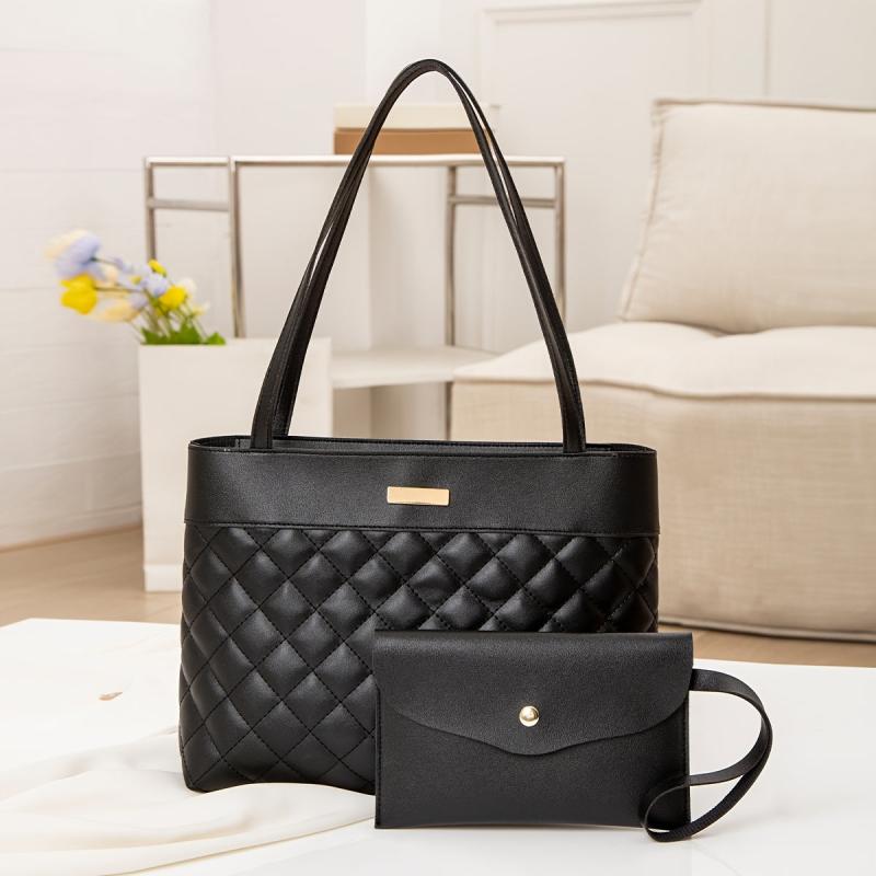 Argyle Quilted Tote & Clutch Purse Set Women's Shoulder Bag