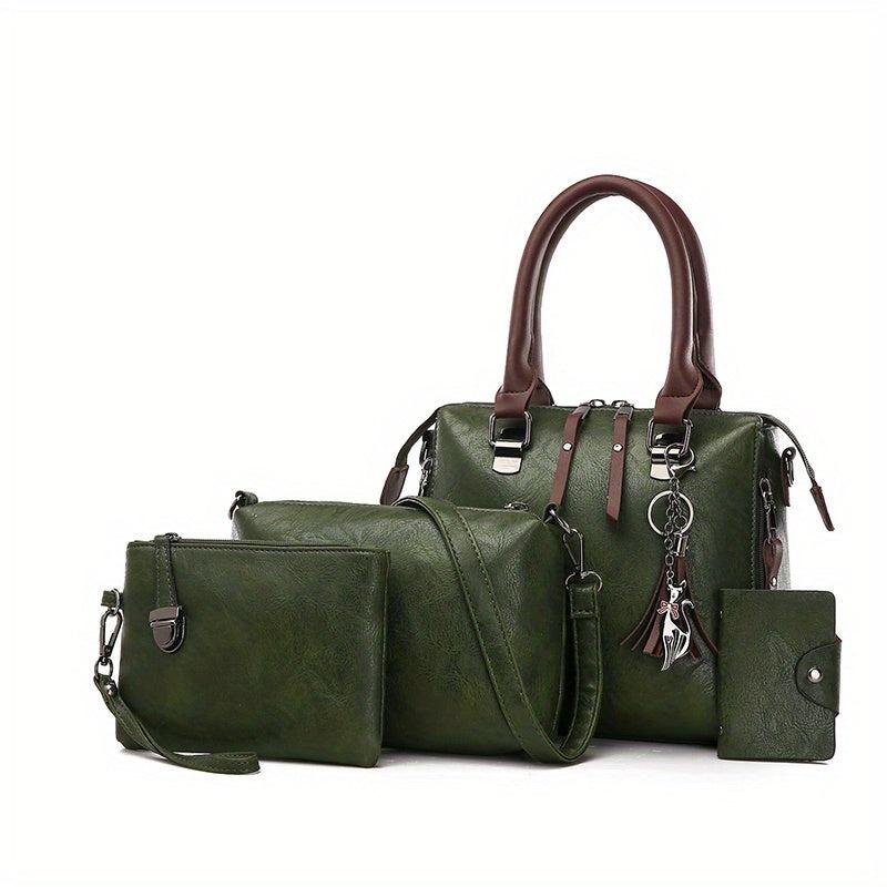 4Pcs Plaid Pattern Handbag Set Women's PU Leather Satchel Bag