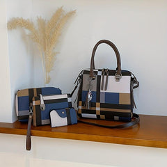 4Pcs Plaid Pattern Handbag Set Women's PU Leather Satchel Bag