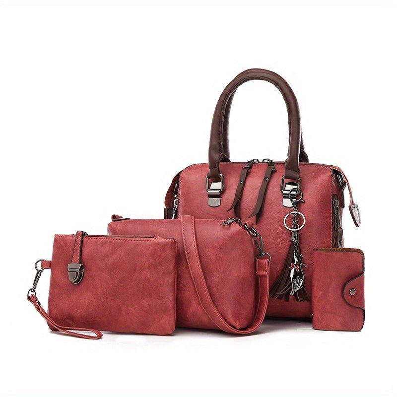 4Pcs Plaid Pattern Handbag Set Women's PU Leather Satchel Bag