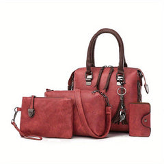 4Pcs Plaid Pattern Handbag Set Women's PU Leather Satchel Bag