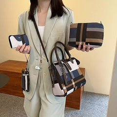 4Pcs Plaid Pattern Handbag Set Women's PU Leather Satchel Bag