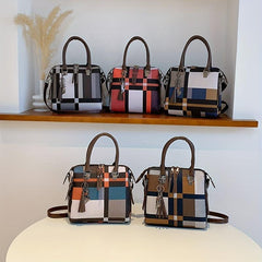 4Pcs Plaid Pattern Handbag Set Women's PU Leather Satchel Bag