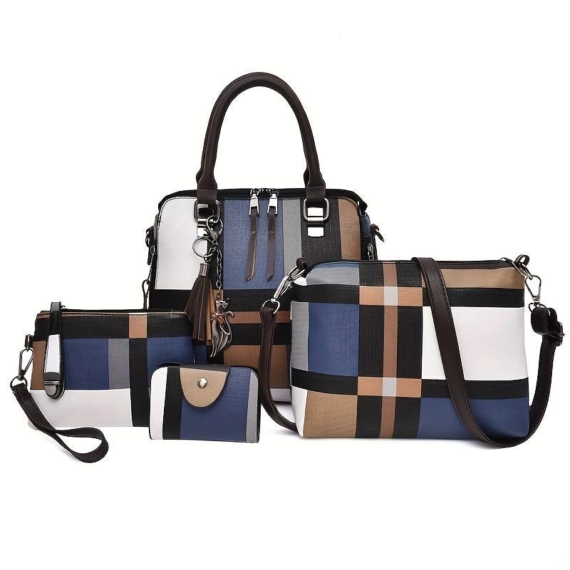 4Pcs Plaid Pattern Handbag Set Women's PU Leather Satchel Bag