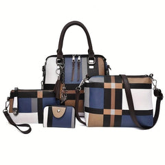 4Pcs Plaid Pattern Handbag Set Women's PU Leather Satchel Bag