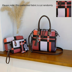 4Pcs Plaid Pattern Handbag Set Women's PU Leather Satchel Bag