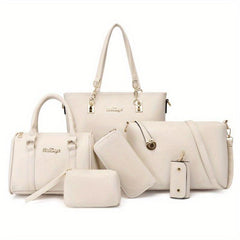 6Pcs Tote Bag Set PU Leather Textured Shoulder Bag Casual Commuter Bag