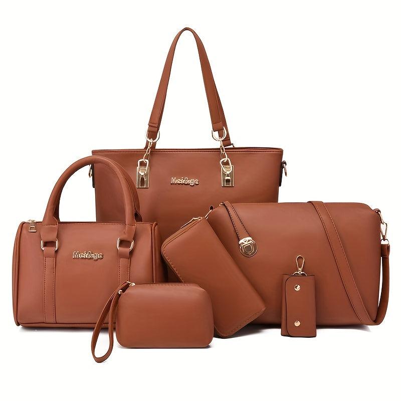 6Pcs Tote Bag Set PU Leather Textured Shoulder Bag Casual Commuter Bag