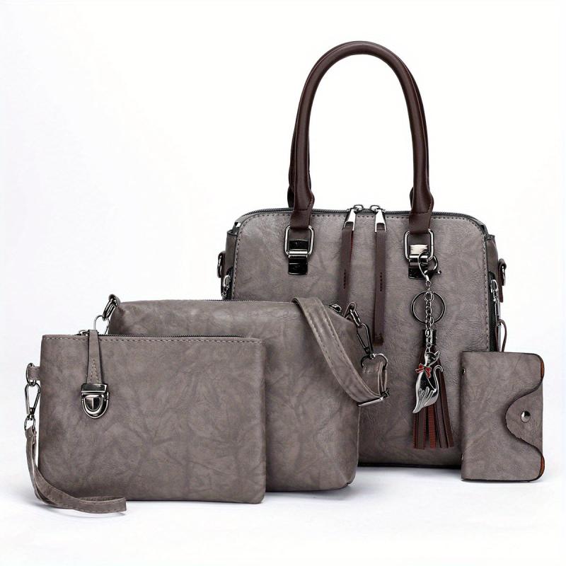 4Pcs Vintage Shoulder Bag Set Women's Handbag & Crossbody Bag & Clutch Purse