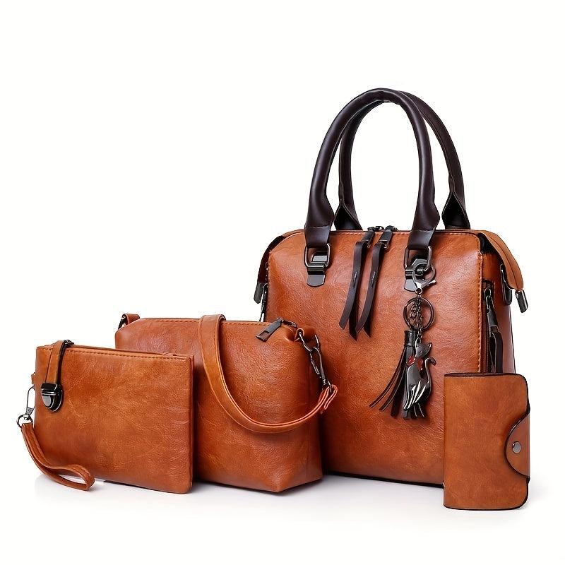 4Pcs Vintage Shoulder Bag Set Women's Handbag & Crossbody Bag & Clutch Purse