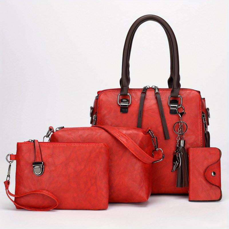4Pcs Vintage Shoulder Bag Set Women's Handbag & Crossbody Bag & Clutch Purse