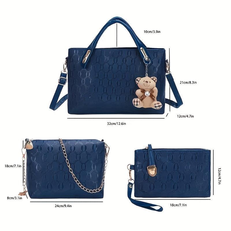 4Pcs Women's Tote Bag Set with Bear Pendant Chain Shoulder Bag Clutch Purse