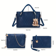 4Pcs Women's Tote Bag Set with Bear Pendant Chain Shoulder Bag Clutch Purse