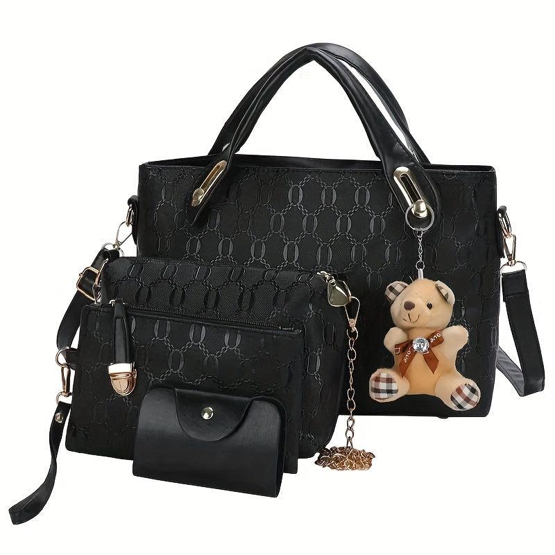 4Pcs Women's Tote Bag Set with Bear Pendant Chain Shoulder Bag Clutch Purse