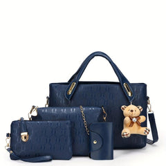 4Pcs Women's Tote Bag Set with Bear Pendant Chain Shoulder Bag Clutch Purse
