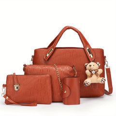 4Pcs Women's Tote Bag Set with Bear Pendant Chain Shoulder Bag Clutch Purse