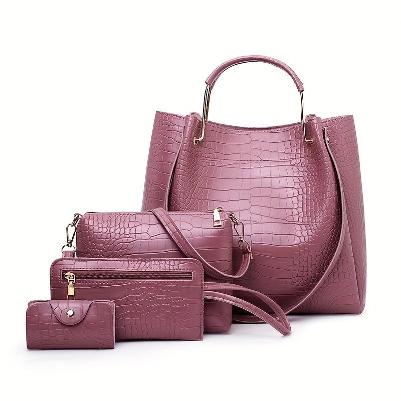 4pcs Crocodile Pattern Tote Clutch Inner Bag Set PU Leather Versatile Commuter
