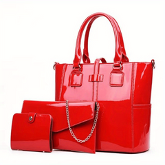 Patent Leather Hand Tote Bag Set with Clutch & Card Purse