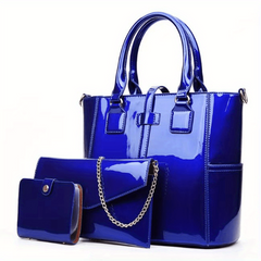 Patent Leather Hand Tote Bag Set with Clutch & Card Purse